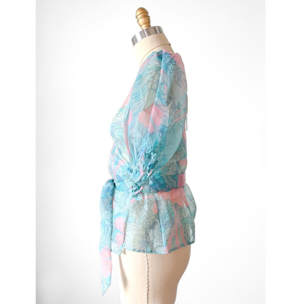 NEW Selkie Feminine Cloud 9 Blue and Pink Champagne Mod Print Wrap Top - Picture 3 of 11